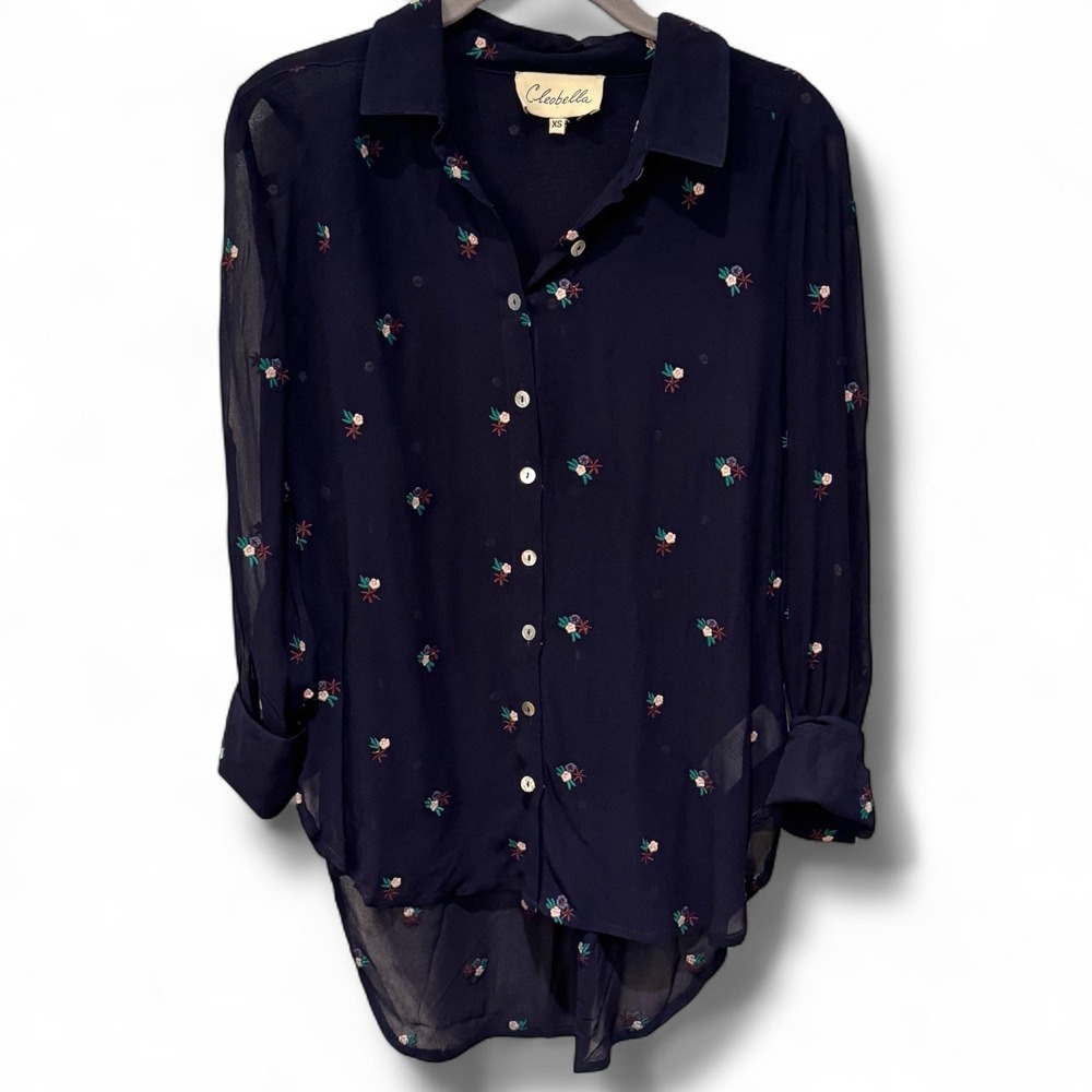 Cleobella Anthropologie Blue Floral Boho Blouse XS Sheer Button Down Cottagecore
